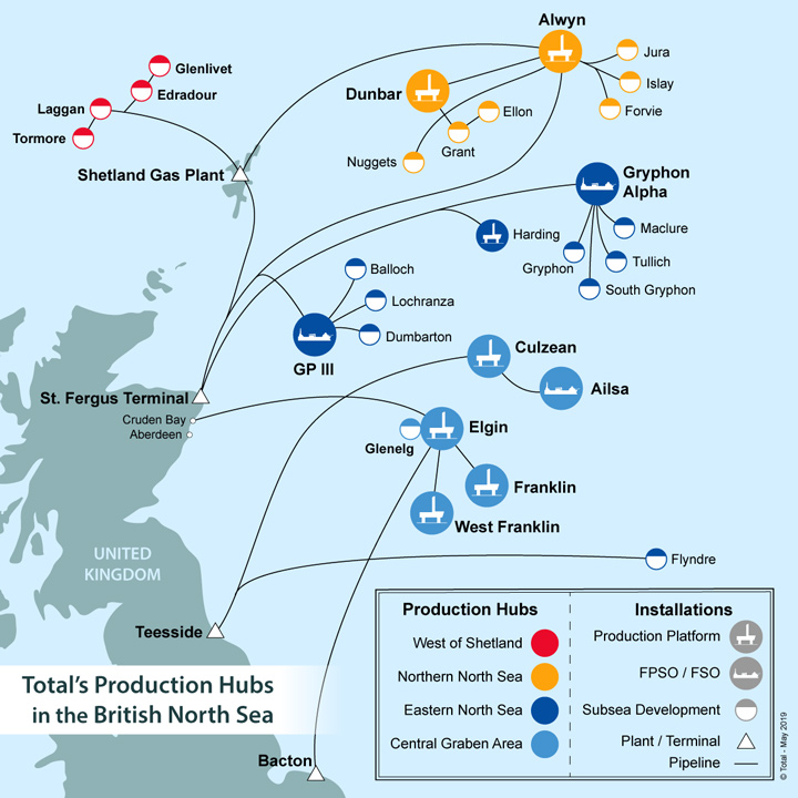 Total's production hubs in the British North Sea