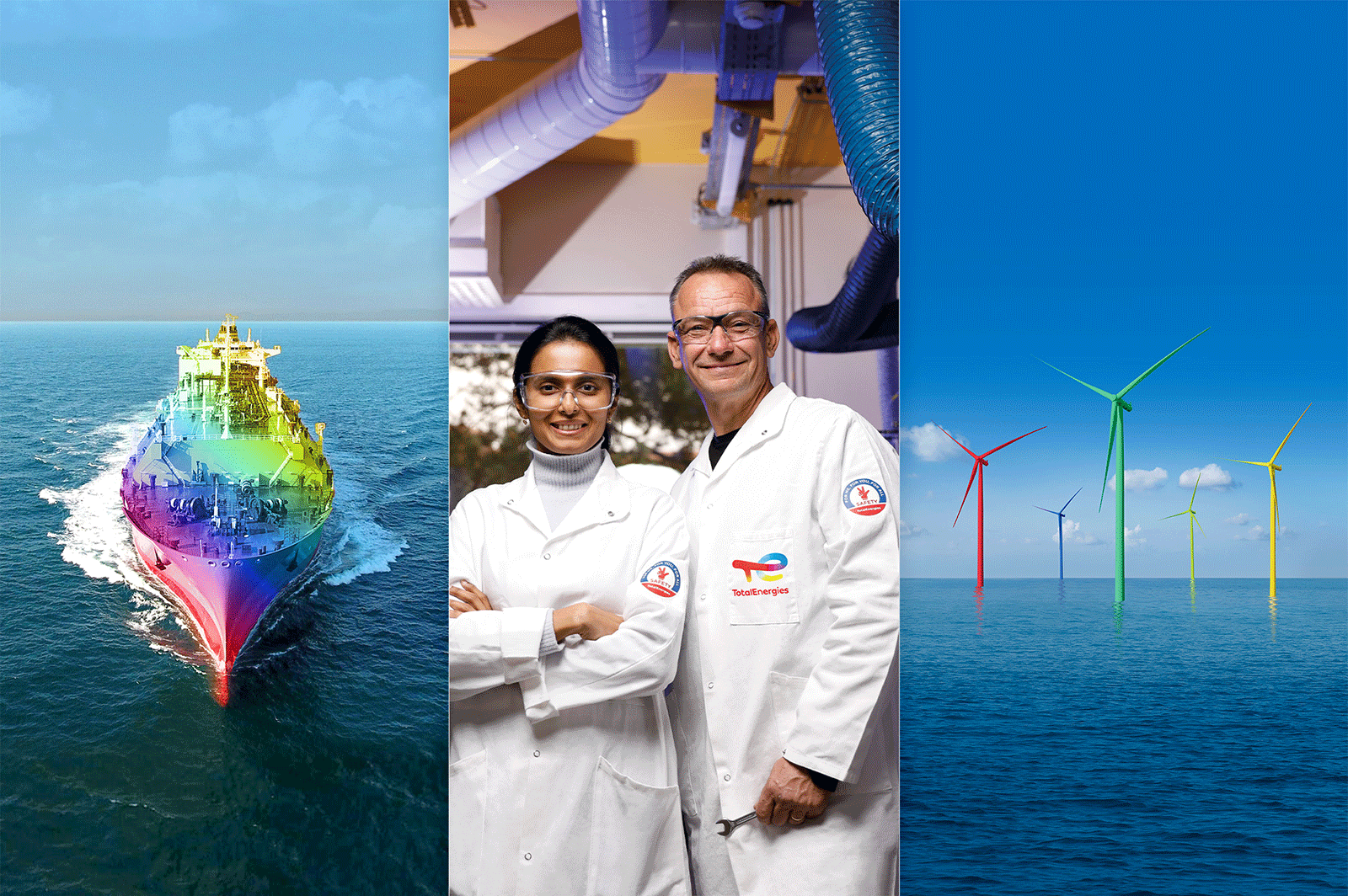 Ship, woman, man, wind turbines