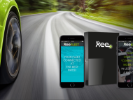 Car on a road and visual of the Xee unit connected to smartphones