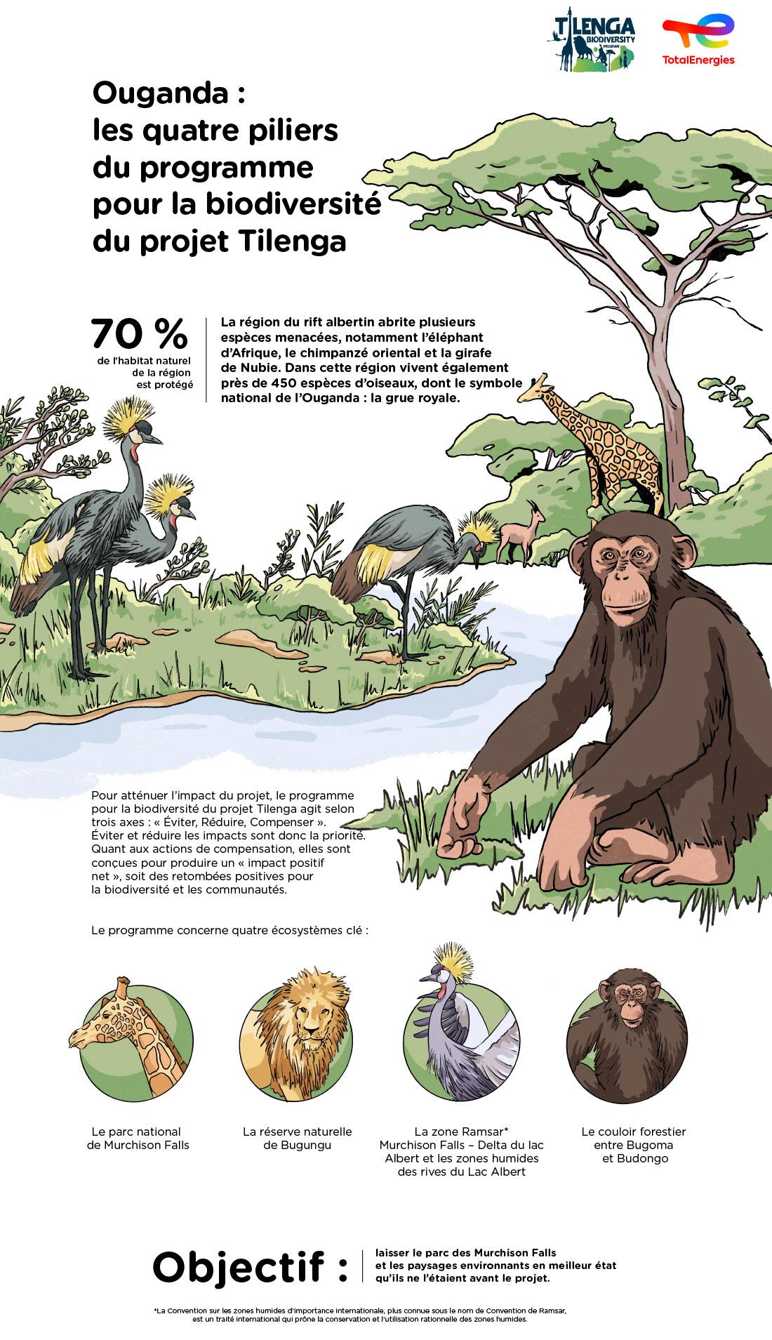 Infographie « Ouganda : les quatre piliers du programme pour la biodiversité du projet Tilenga » - voir description détaillée ci-après