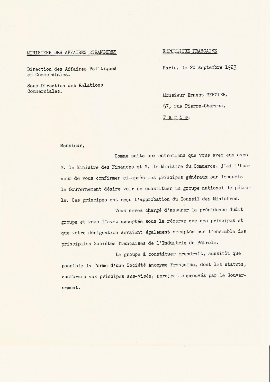 Ordre de mission de la CFP, adressé par le président du Conseil, Raymond Poicaré, à Ernest Mercie, 20 septembre 2023